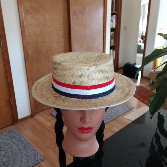 100% STRAW PANAMA PATRIOTIC SKIMMER BOAT HAT RED WHITE BLUE RIBBON WIDE BRIM - Picture 3 of 4